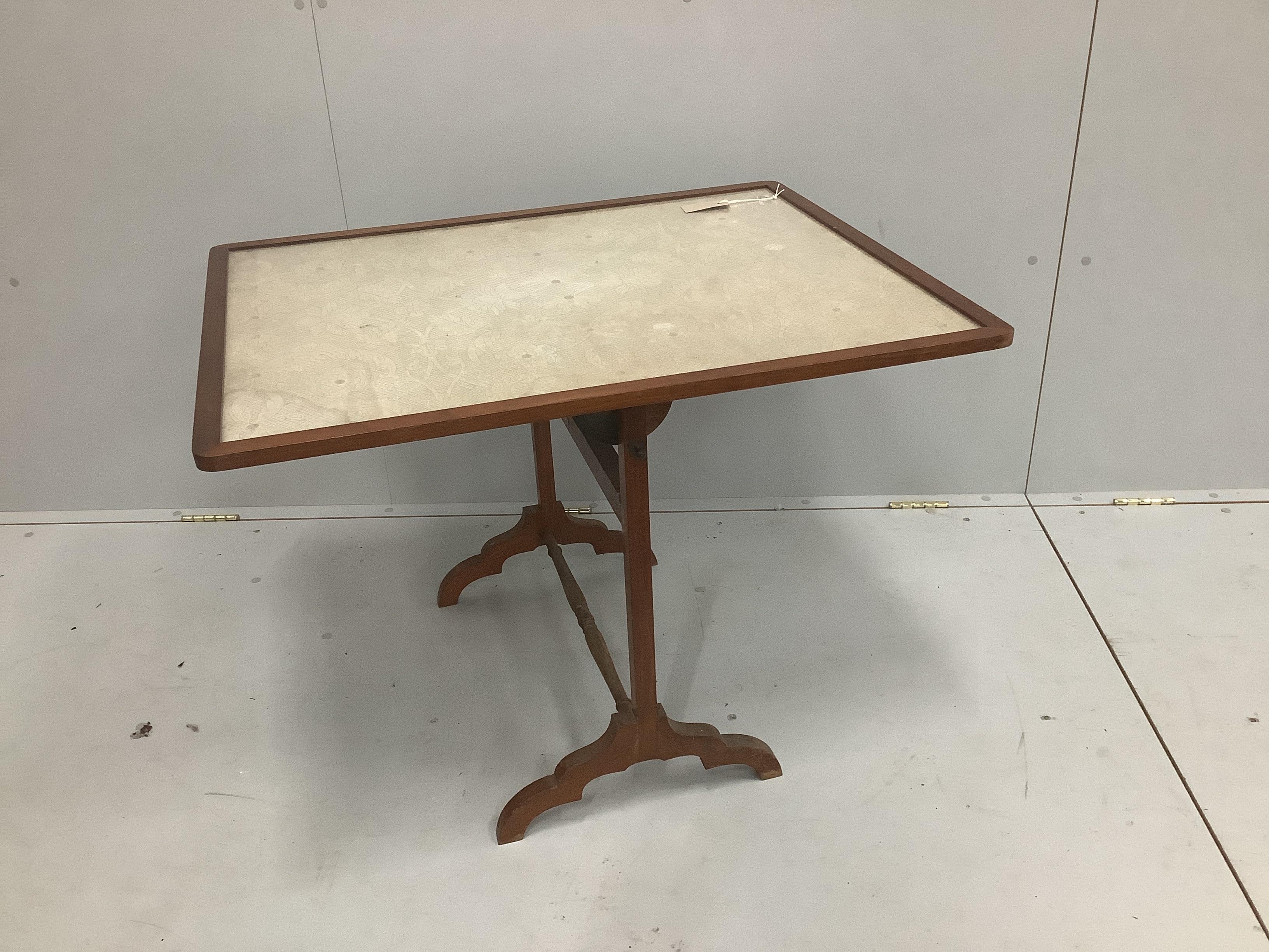 An Edwardian beech folding table / firescreen with cream floral fabric panel, 87 x 69cm